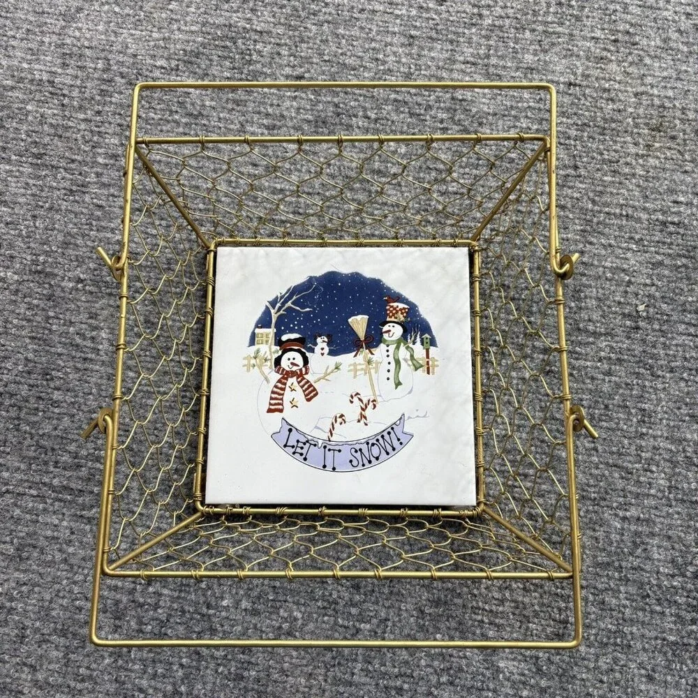 Christmas Basket Gold Wire Snowmen Bottom Tile Let It Snow Holiday Y2K Farmhouse